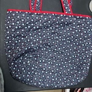 Navy Floral Quilted Tote Bag with Red Trim
